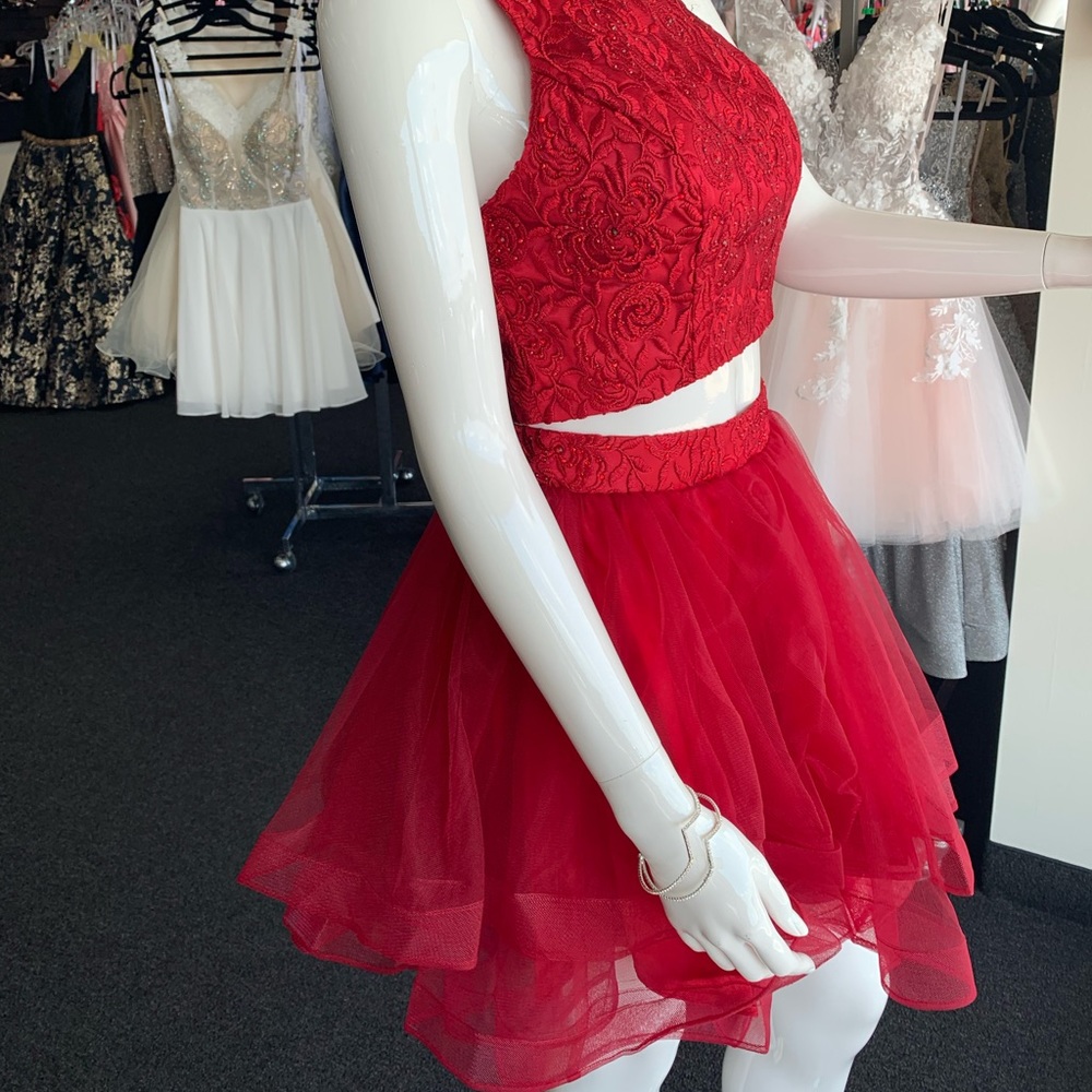 Red Two Piece Short Party Dress Skirt & Top Size Small